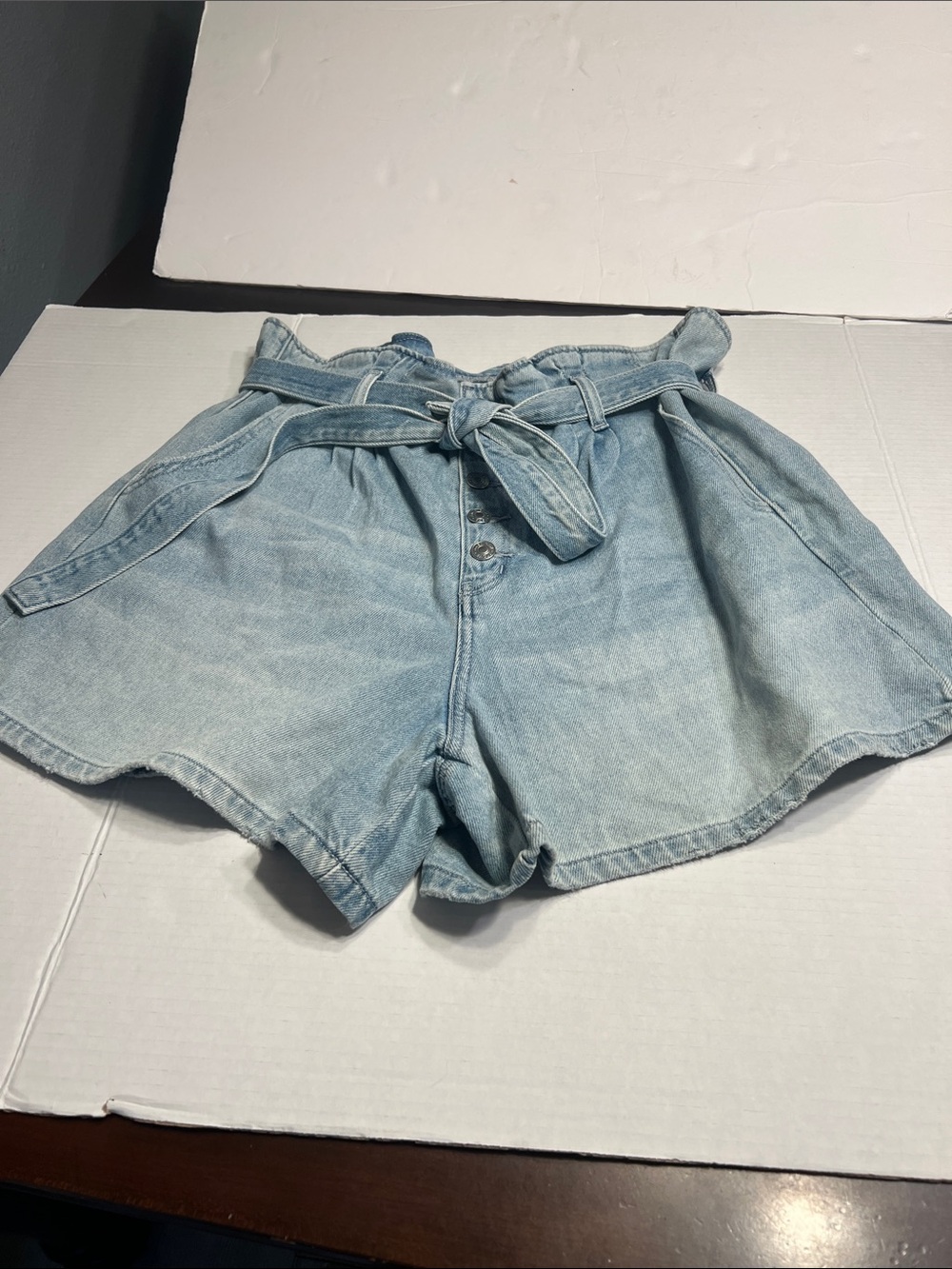 American Eagle Outfitters Light Wash Denim Paperbag Tie-Front Shorts